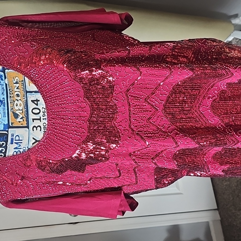 Red Sequin Short Sleeve Blouse